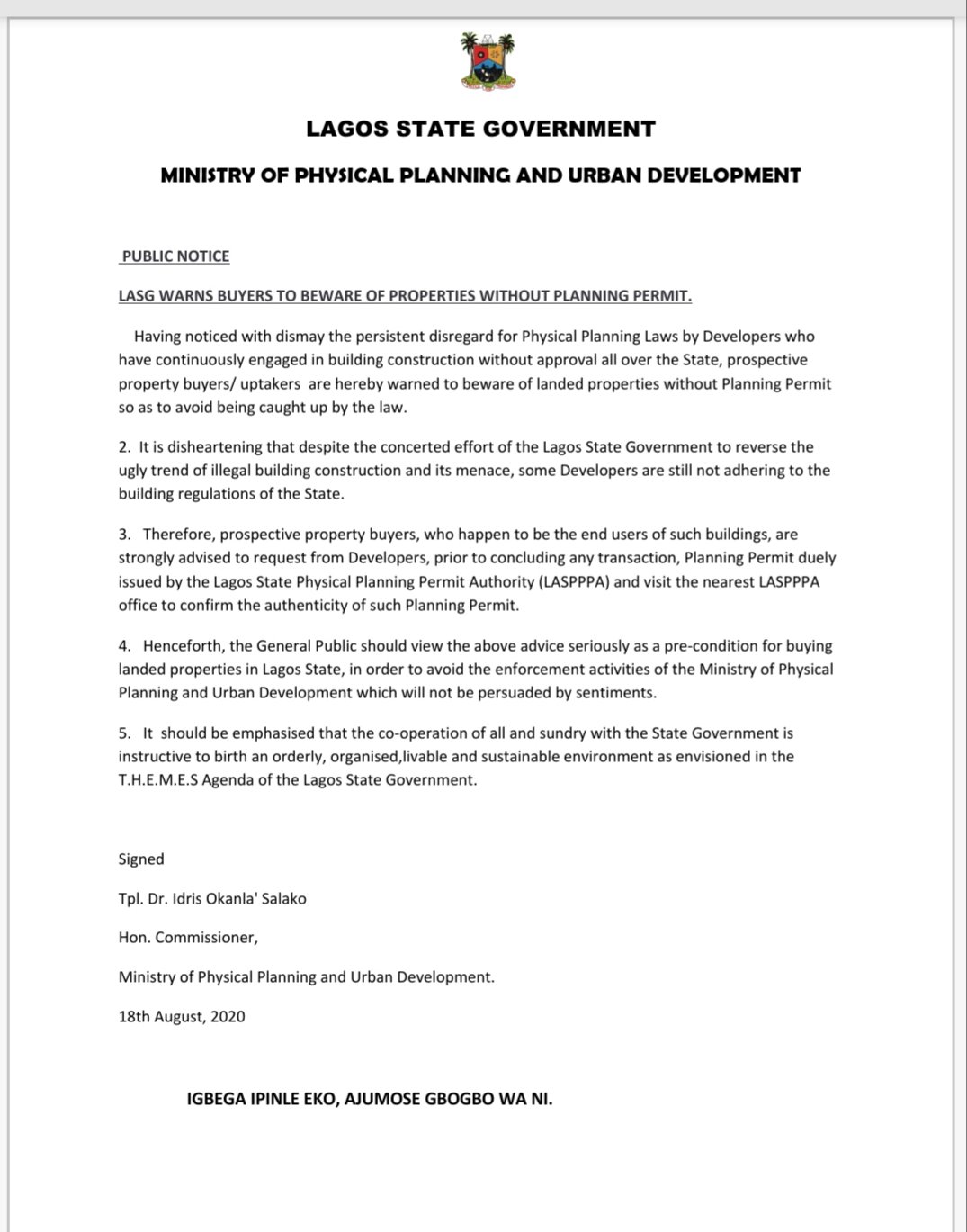Puplic Notice on building plan permit in Lagos State